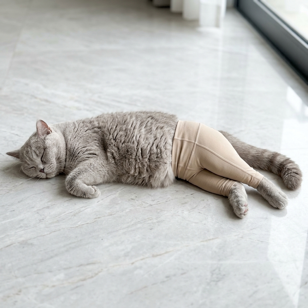 Grey cat fully stretched out in beige leggings