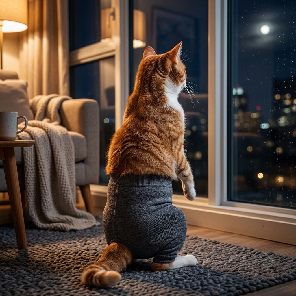 Cat sitting by the window in grey leggings