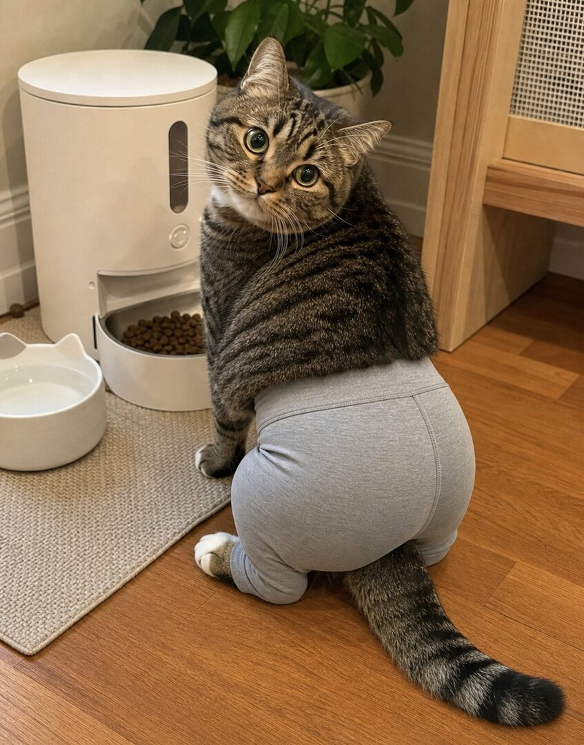 Tabby cat in silky grey leggings looking back by the feeder